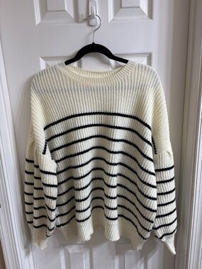 Women's Cream and Black Striped Crewneck Sweater